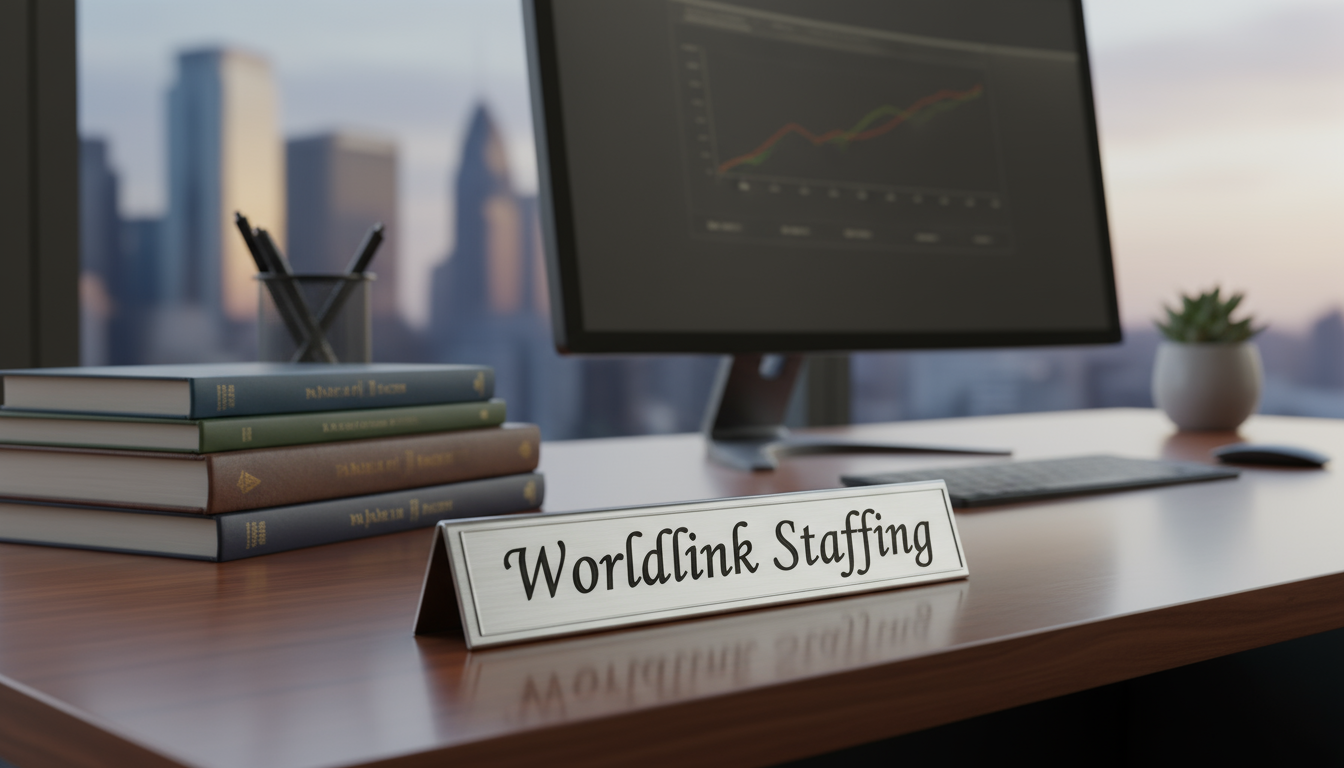 Create an office desk scene with books and a name plaque that has a metal, metallic finish and clearly says 'Worldlink Staffing' in an elegant, readable font.