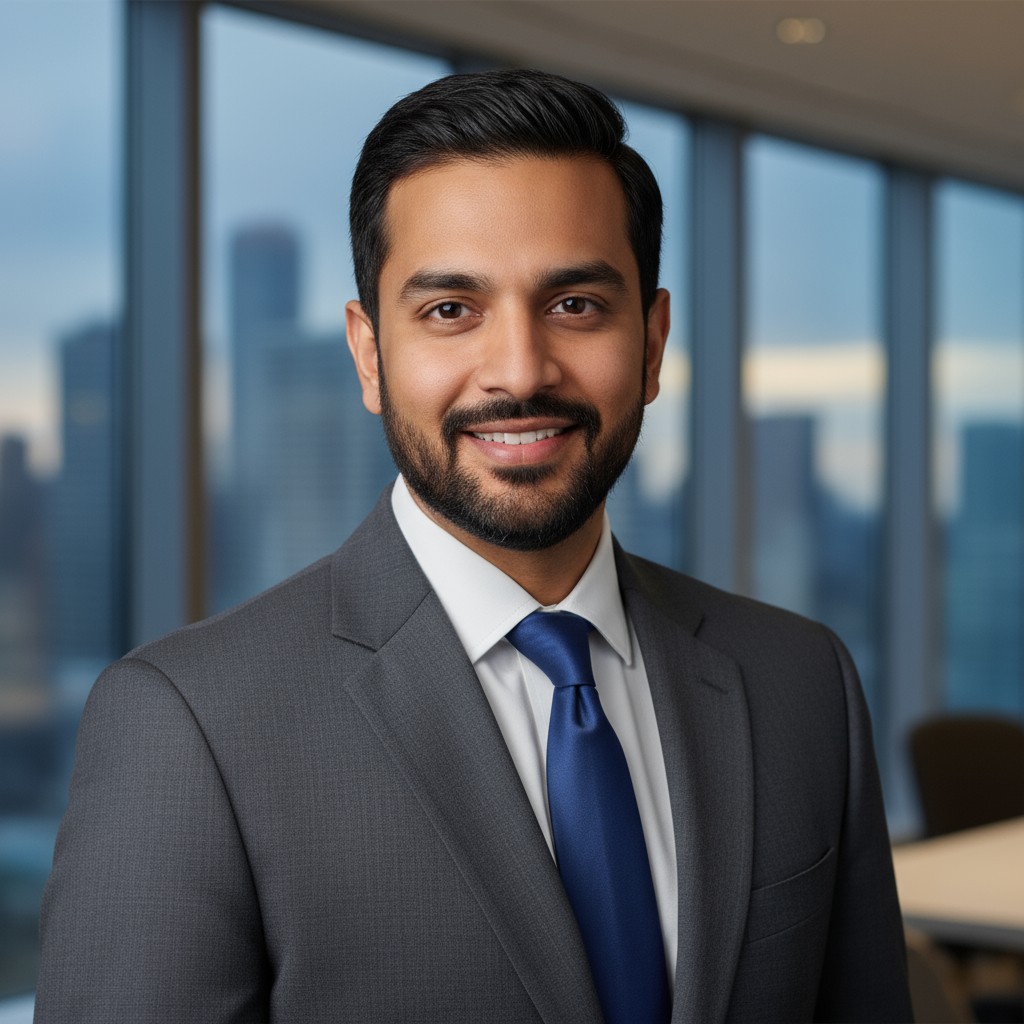 A headshot of a professional man with dark hair and a gray suit in a modern office setting with a city skyline in the back...
