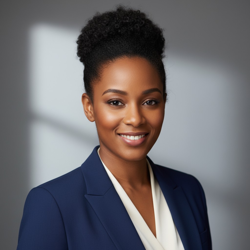 The woman in the photograph is wearing a blue blazer over a white top, exuding confidence and professionalism.