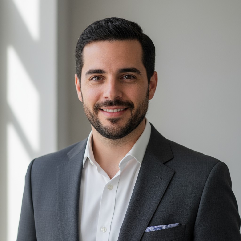 A headshot of a man wearing a suit. The man is in the center of the image and taking up most of the space. He has dark hai...