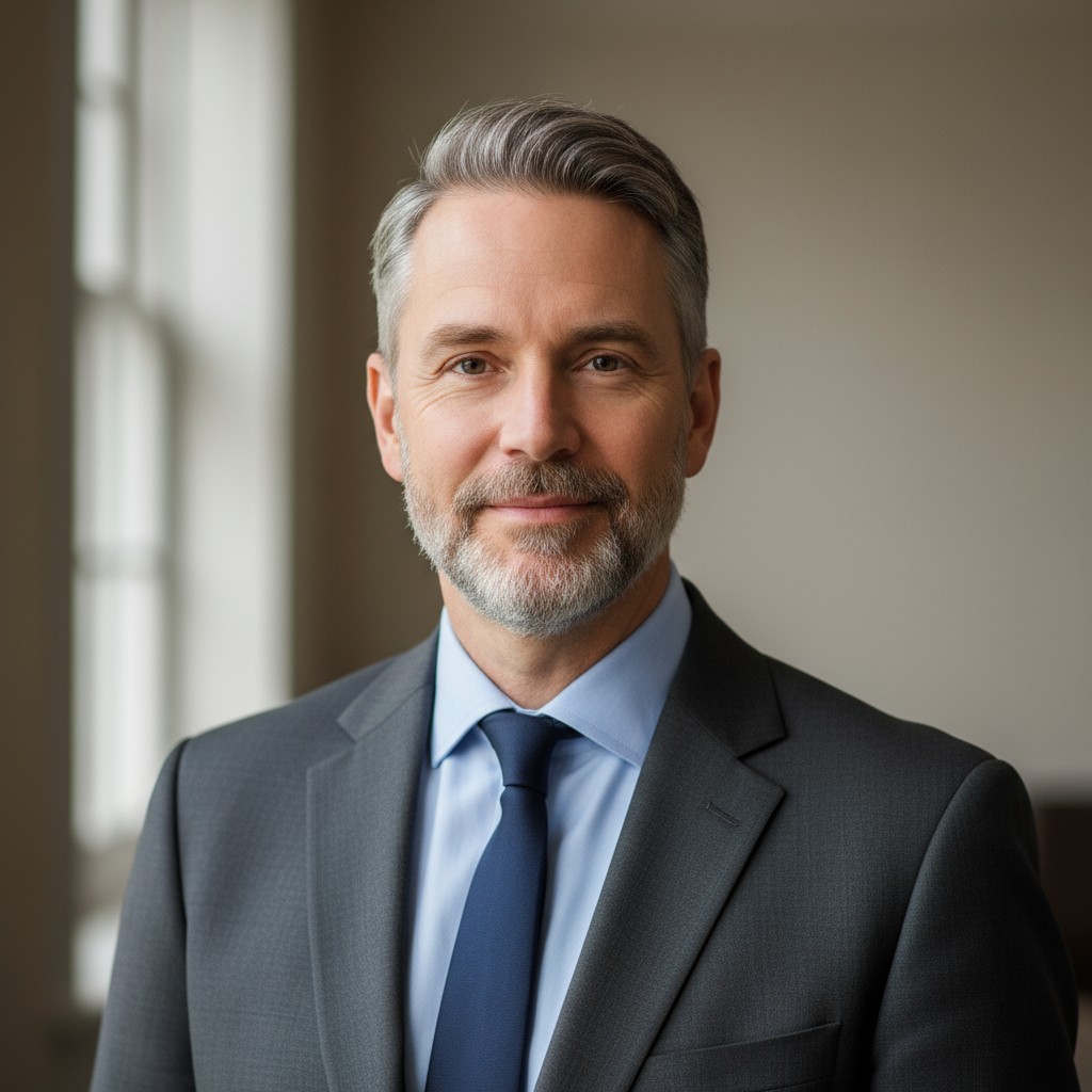 A headshot of a professional man wearing a dark grey suit, silver gray medium length hairstyle, light hairy beard and gray...
