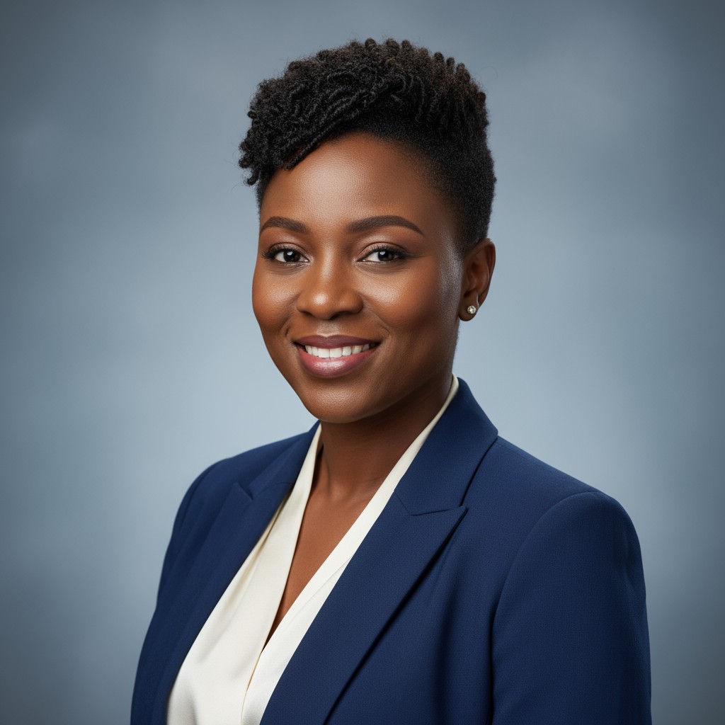 The image shows a headshot of a woman, likely intended for professional or formal use.