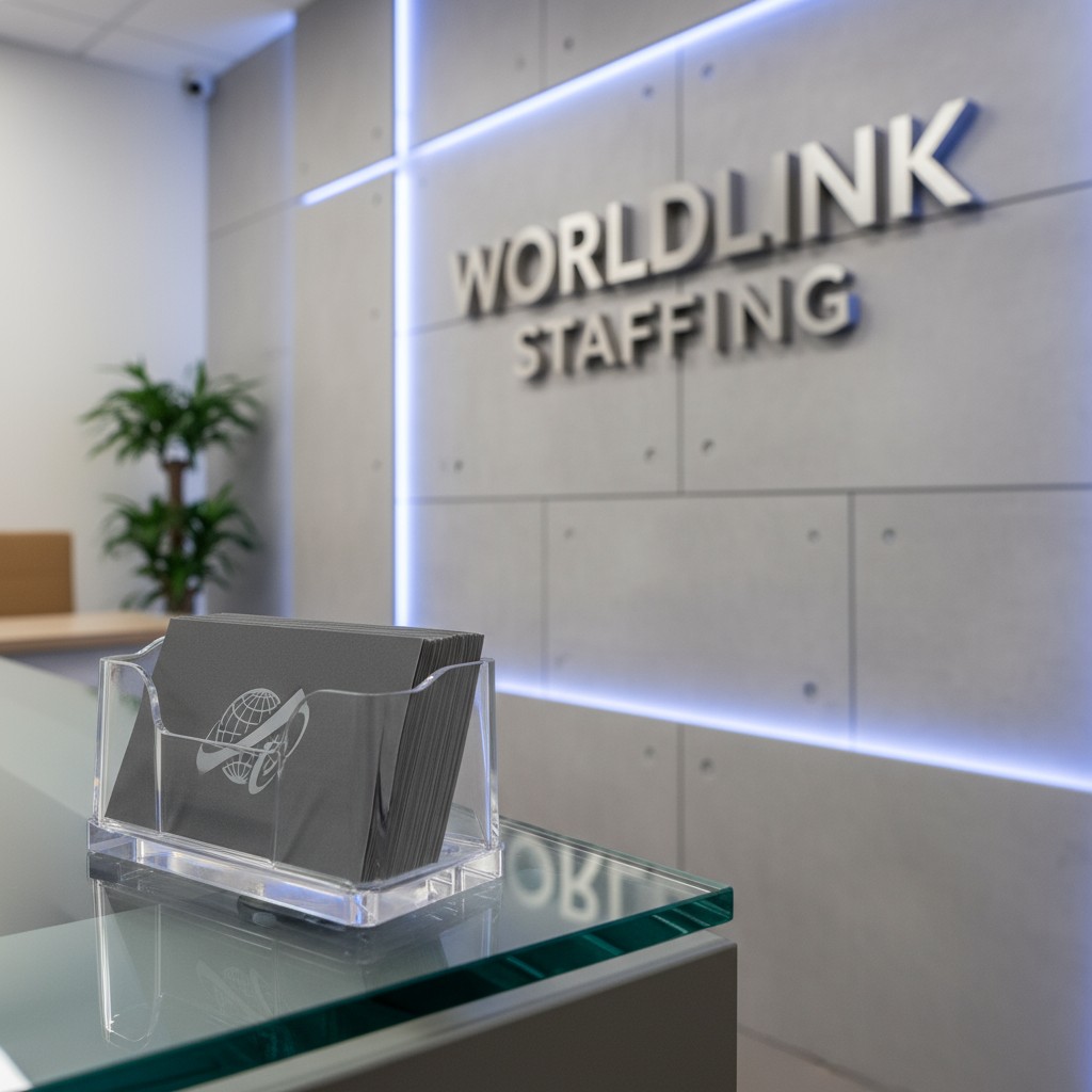 The office entrance for WorldLink Staffing reception with a desk and stack of black cards, likely business or visiting car...