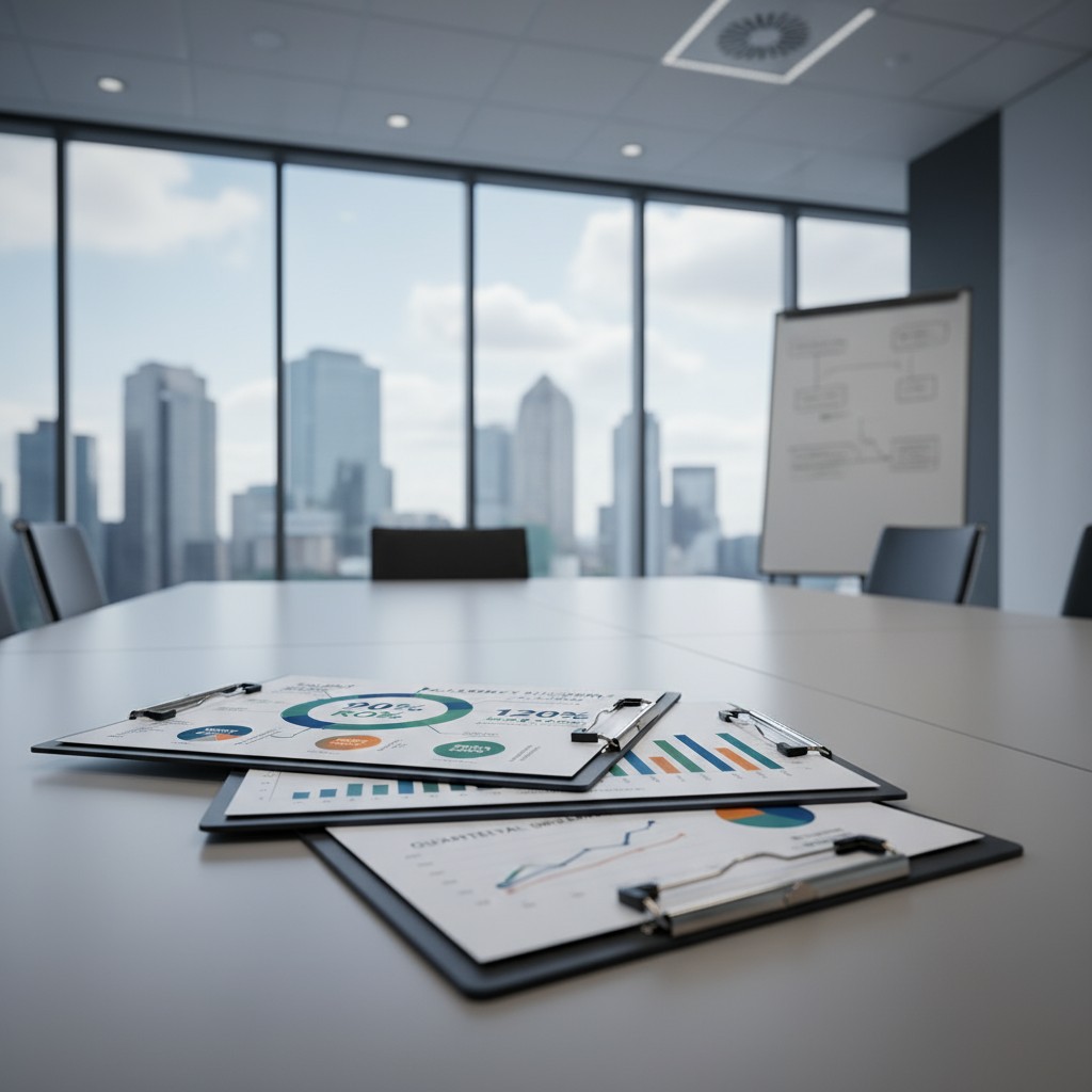 Blank board and charts on table in skyscraper conference room.